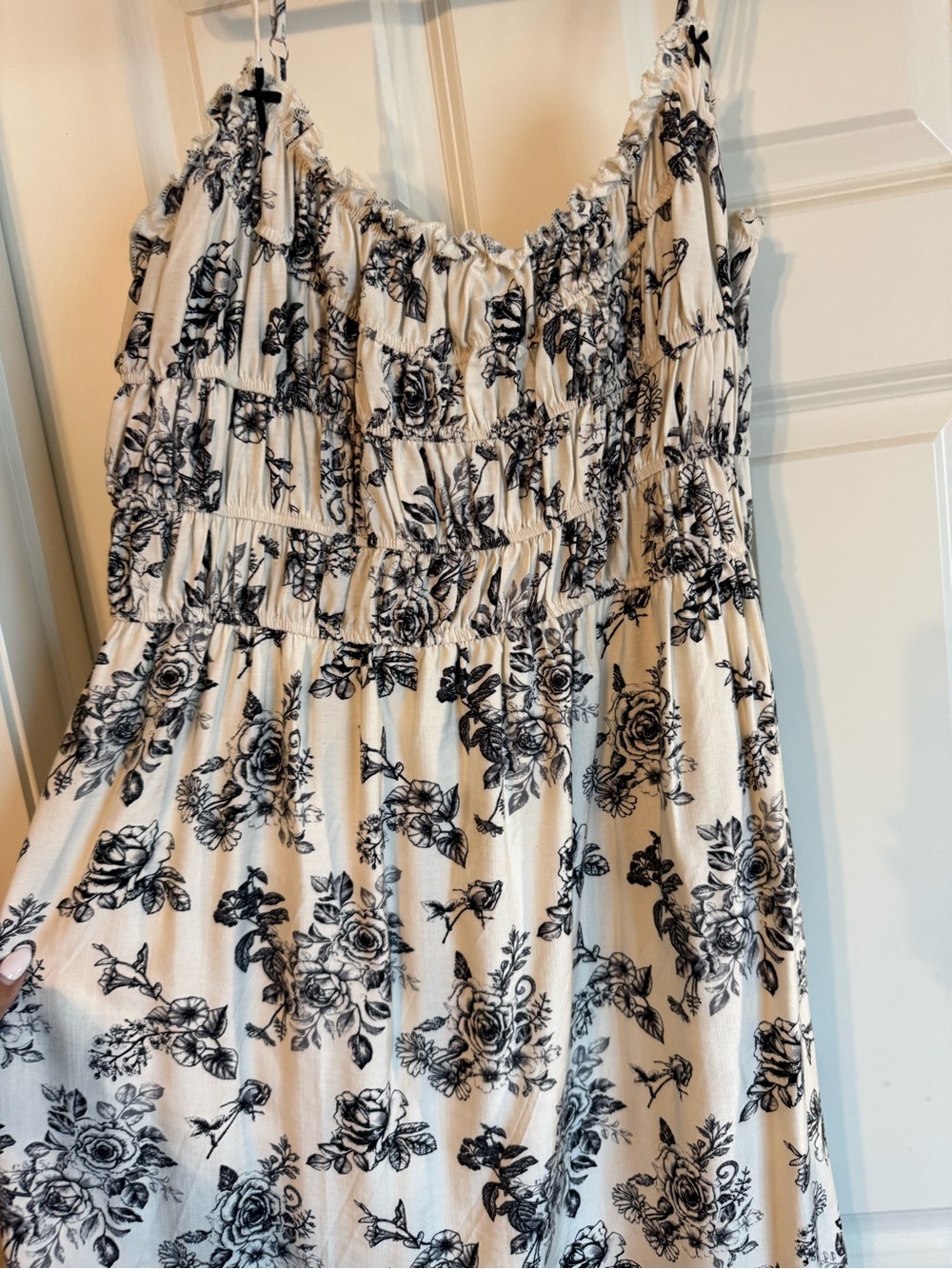 Smocked Waist Midi Dress in Black Floral on Cream